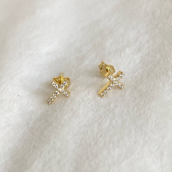 Cross Stud Gold and Diamond earrings 925 Sterling Silver New - Picture 3 of 6